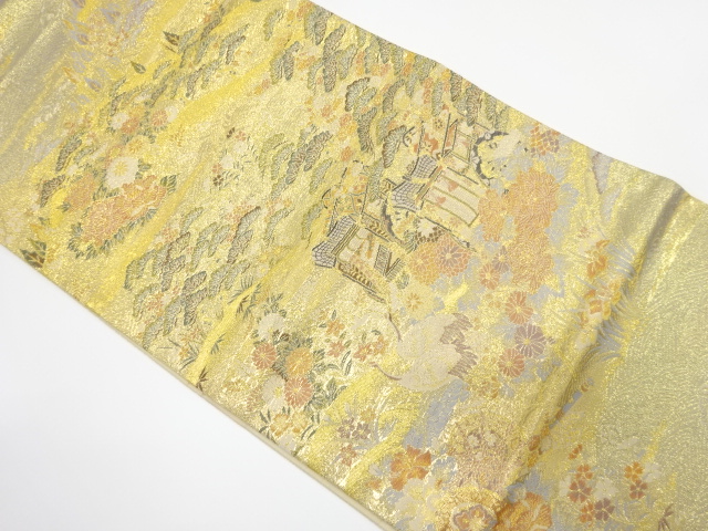 風景に御所車・鶴模様織り出し　袋帯